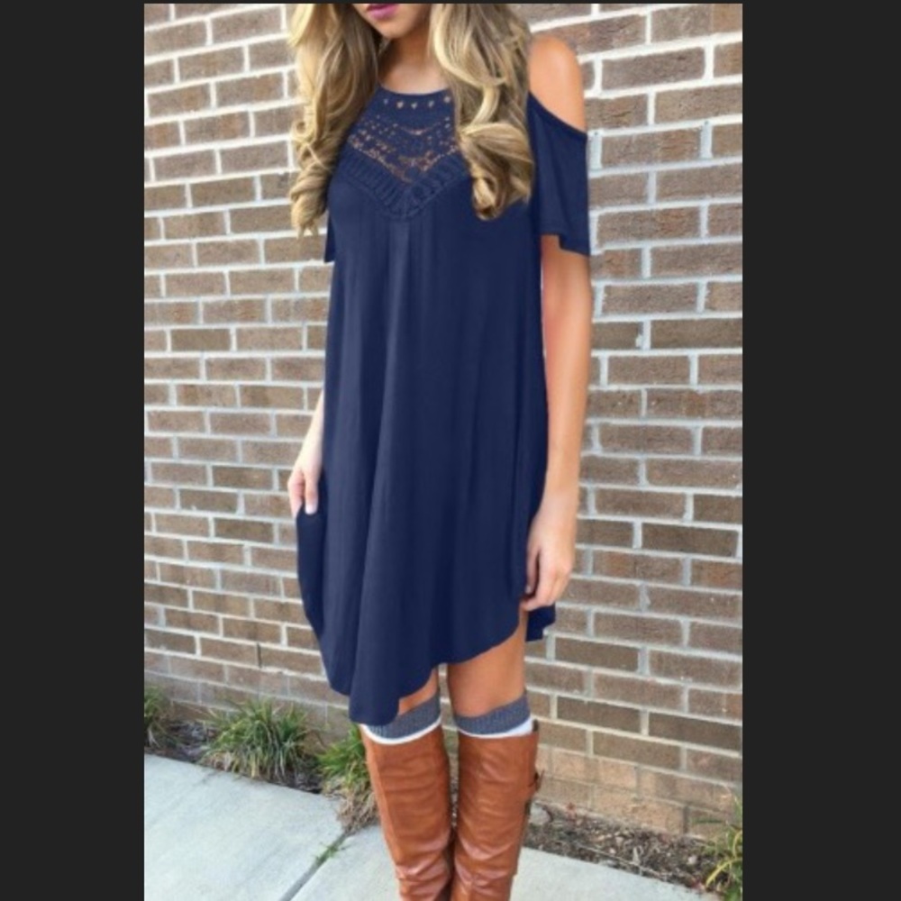Blue lace hollow-out cold shoulder dress